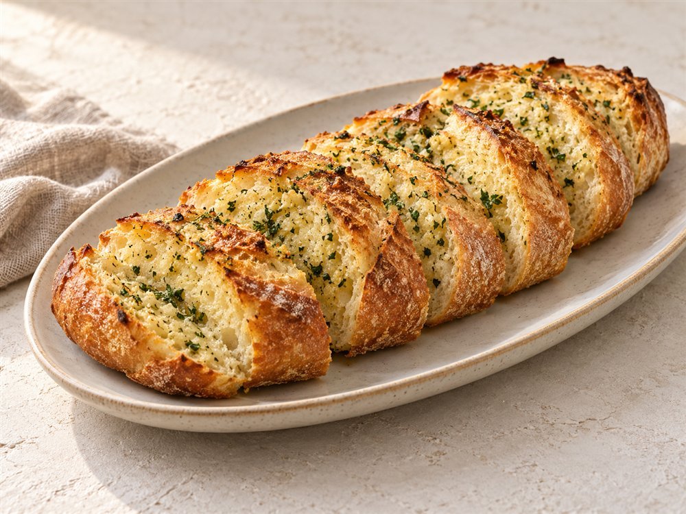Illustrative photo of sliced golden garlic bread