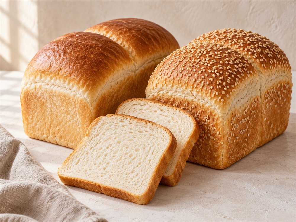 Illustrative photo of plain white and sesame bread loaves