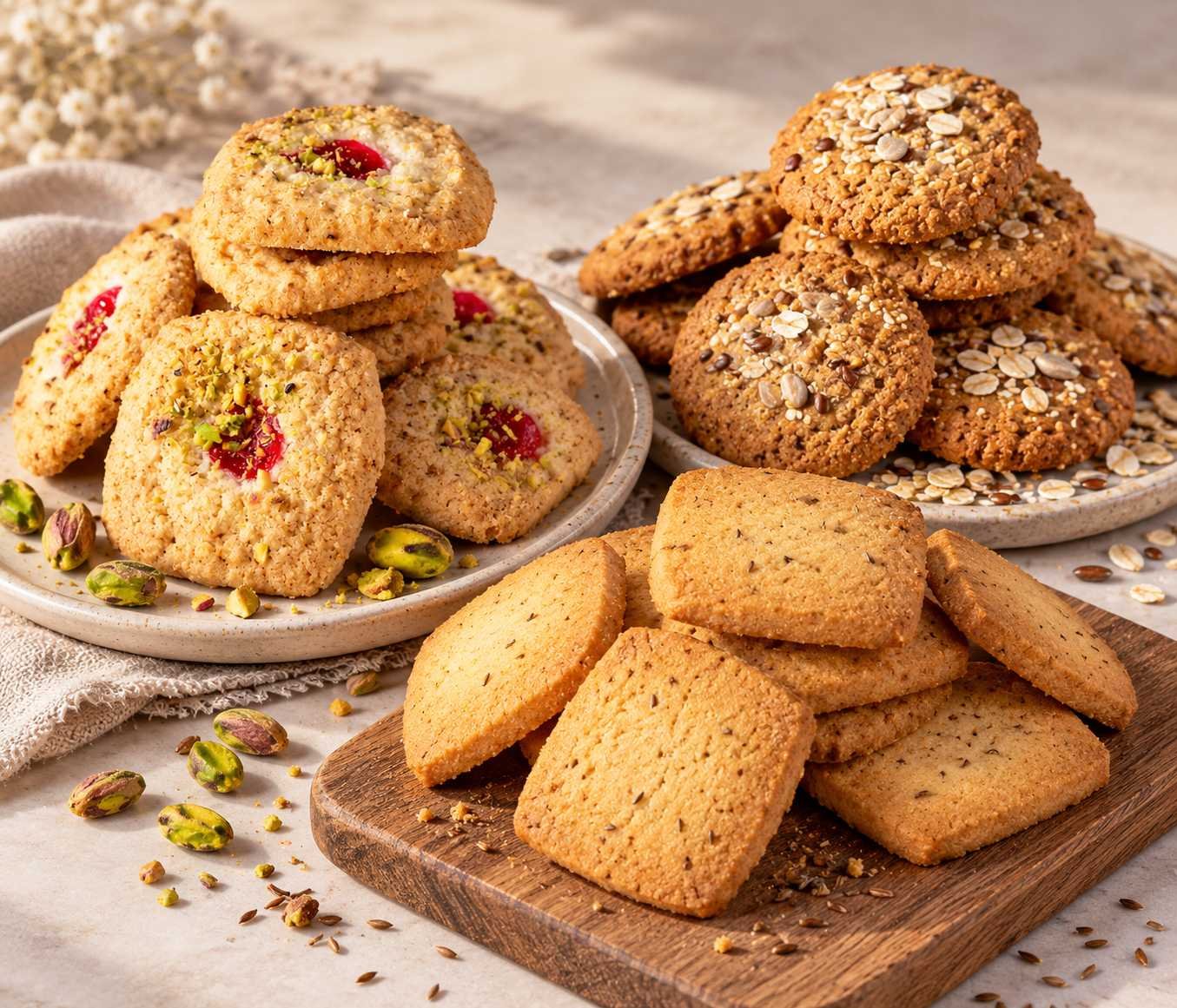Assorted cherry and pistachio cookies, oat and seed cookies, and golden rectangular biscuits