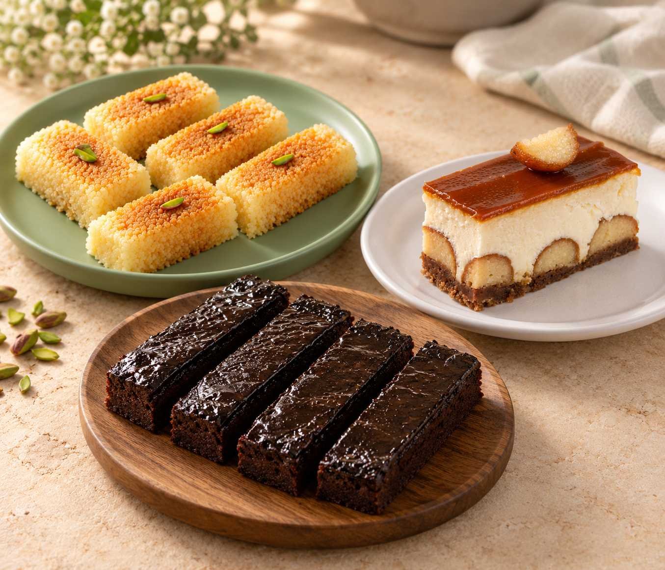 Pistachio-topped milk cake, a caramel-topped dessert slice and chocolate brownies on serving plates