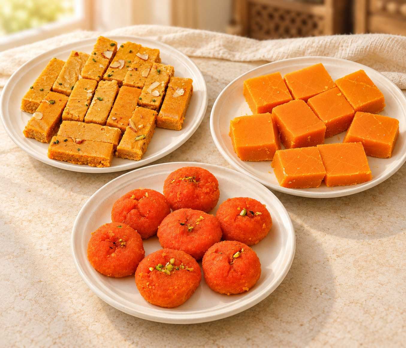 Assorted Indian sweets with nut-topped golden pieces, orange squares and round sweets on white plates