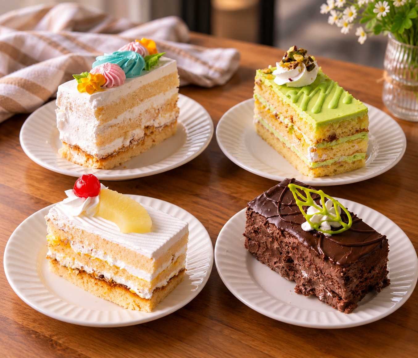 Four decorated layered pastries with colourful cream, pistachio, pineapple and chocolate toppings on white plates