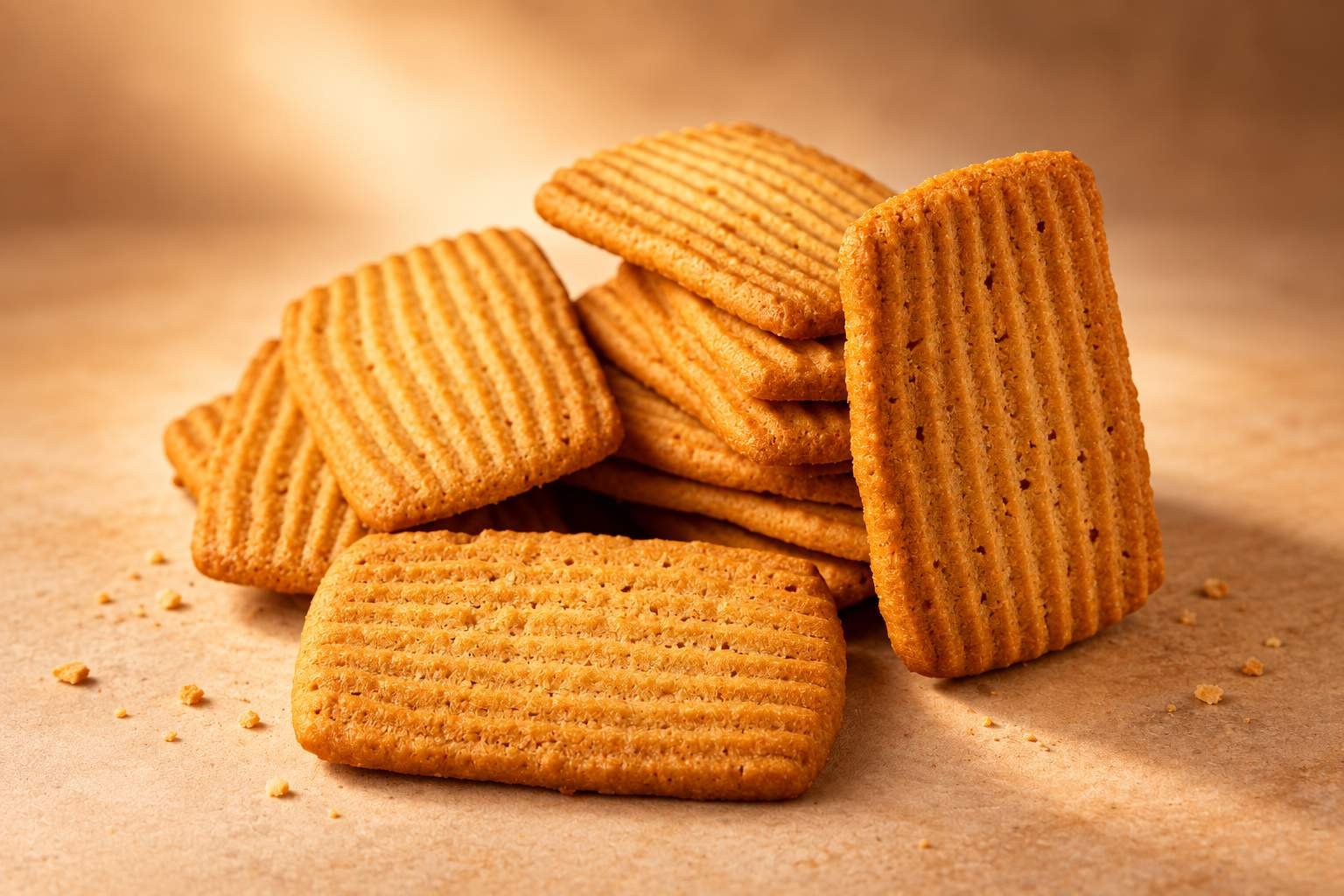 Golden Peepa Biscuits stacked on a warm bakery surface
