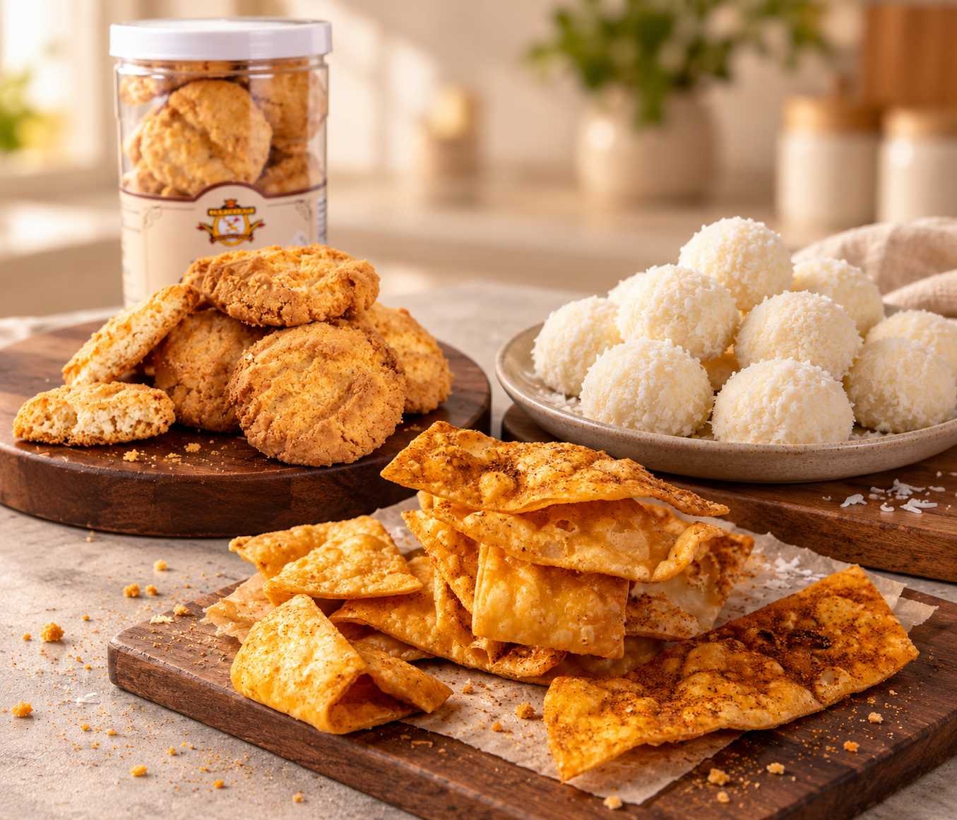 Crispy savoury snacks, cookies and coconut sweets on wooden serving boards