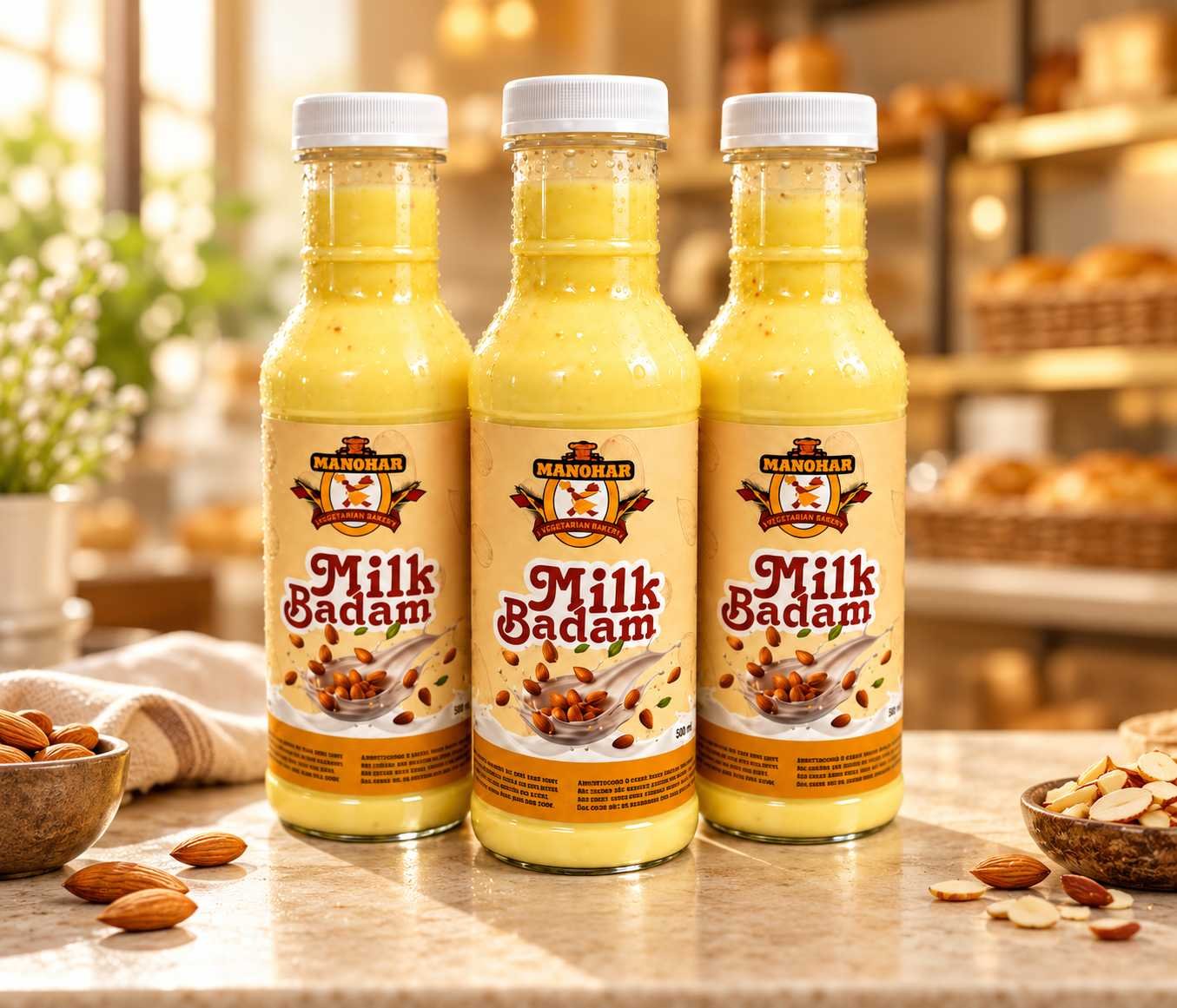 Three bottles of Manohar Milk Badam almond milk on a bakery counter